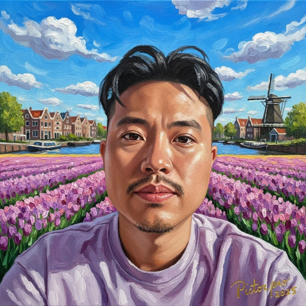 Oil painting style AI portrait with tulip field background
