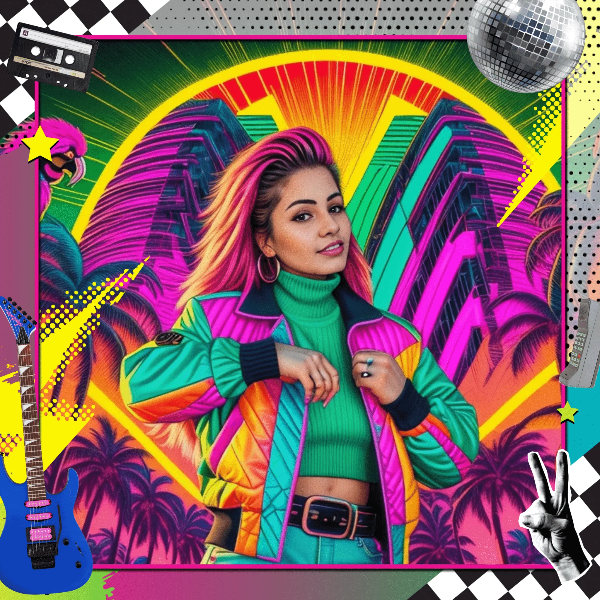 Retro 80s pop art AI transformation with neon colors