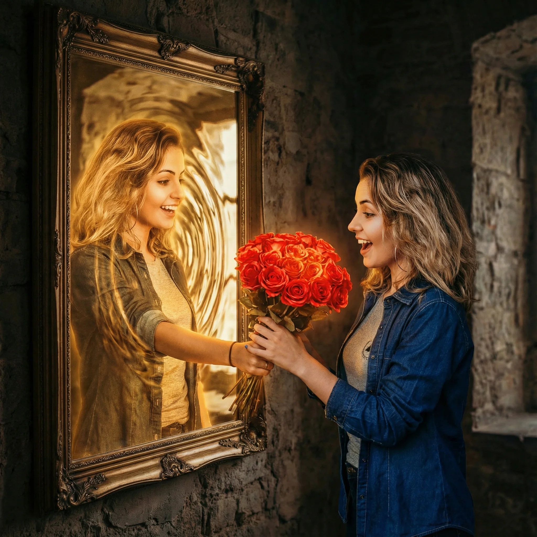 Mirror portal with roses — AI fantasy scene