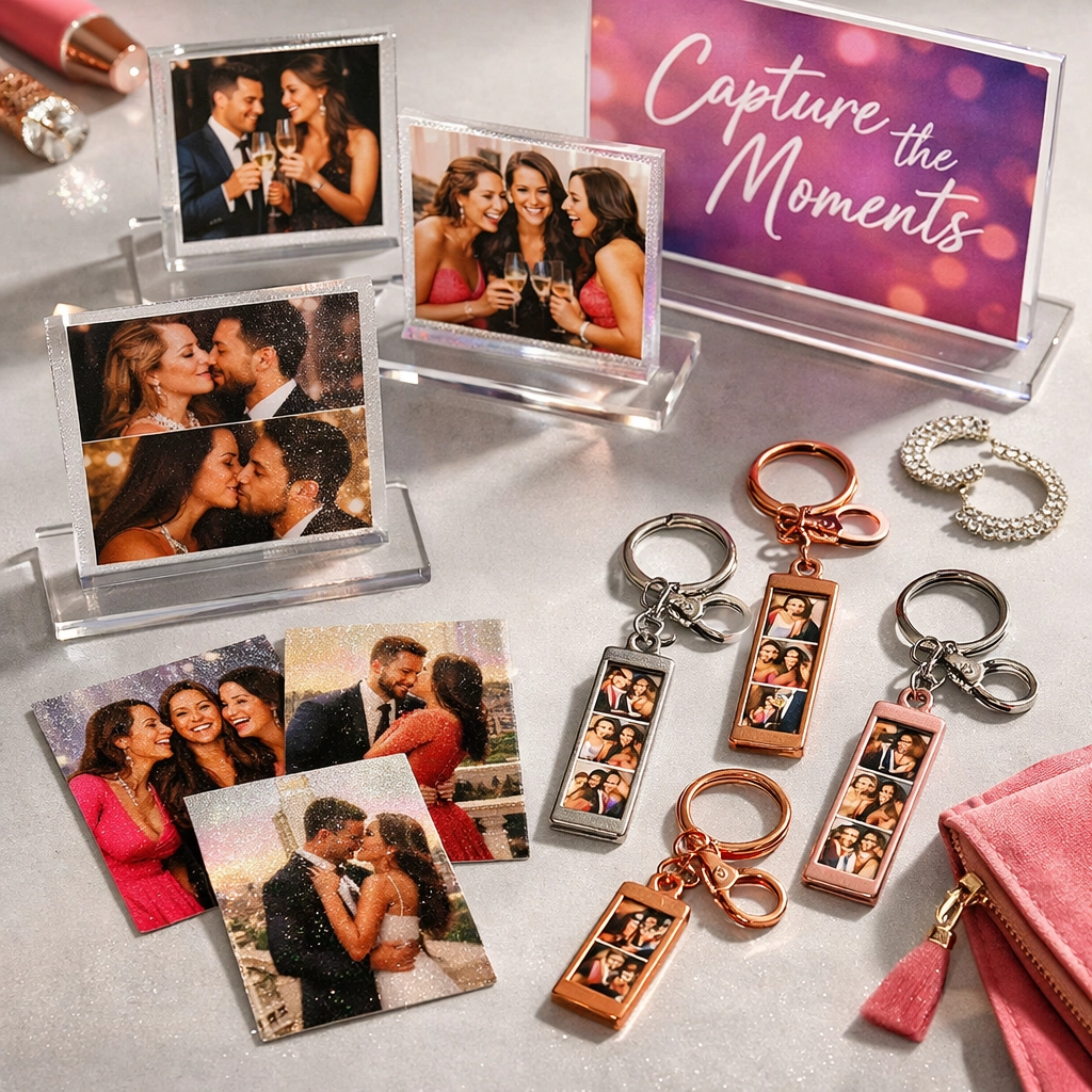 Photo booth merch display featuring glitter prints, custom keychains, acrylic photo blocks, and branded keepsakes for weddings and events