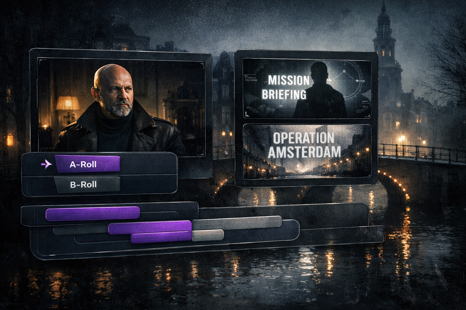 Conceptual diagram showing A-roll guest footage and B-roll title cards layered together in an AI movie trailer production