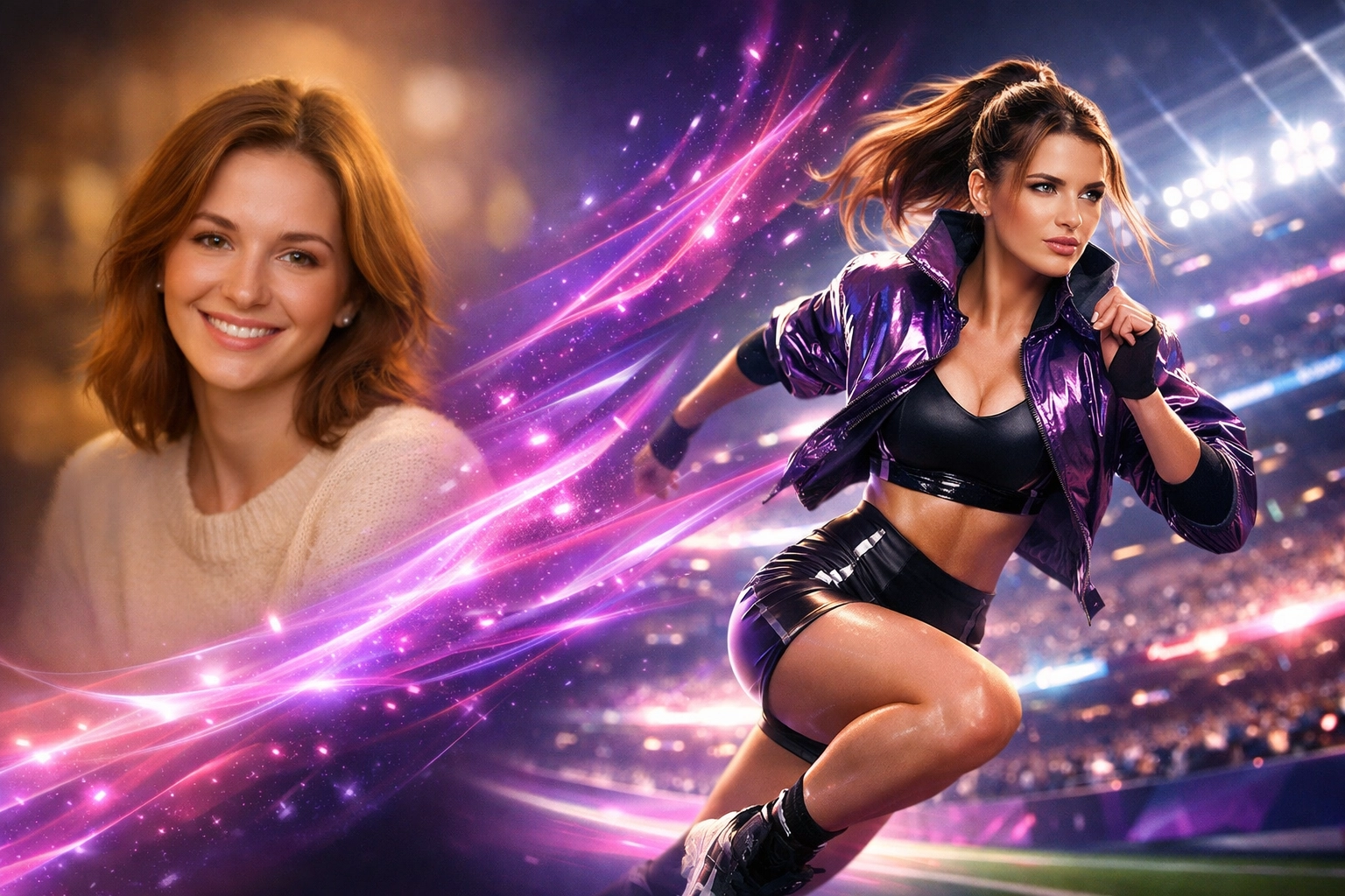 AI-generated transformation from a guest selfie to a branded sports action shot in Pictor