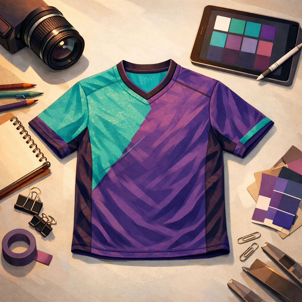 Flat-lay of a custom branded soccer uniform generated as an AI reference image for Pictor