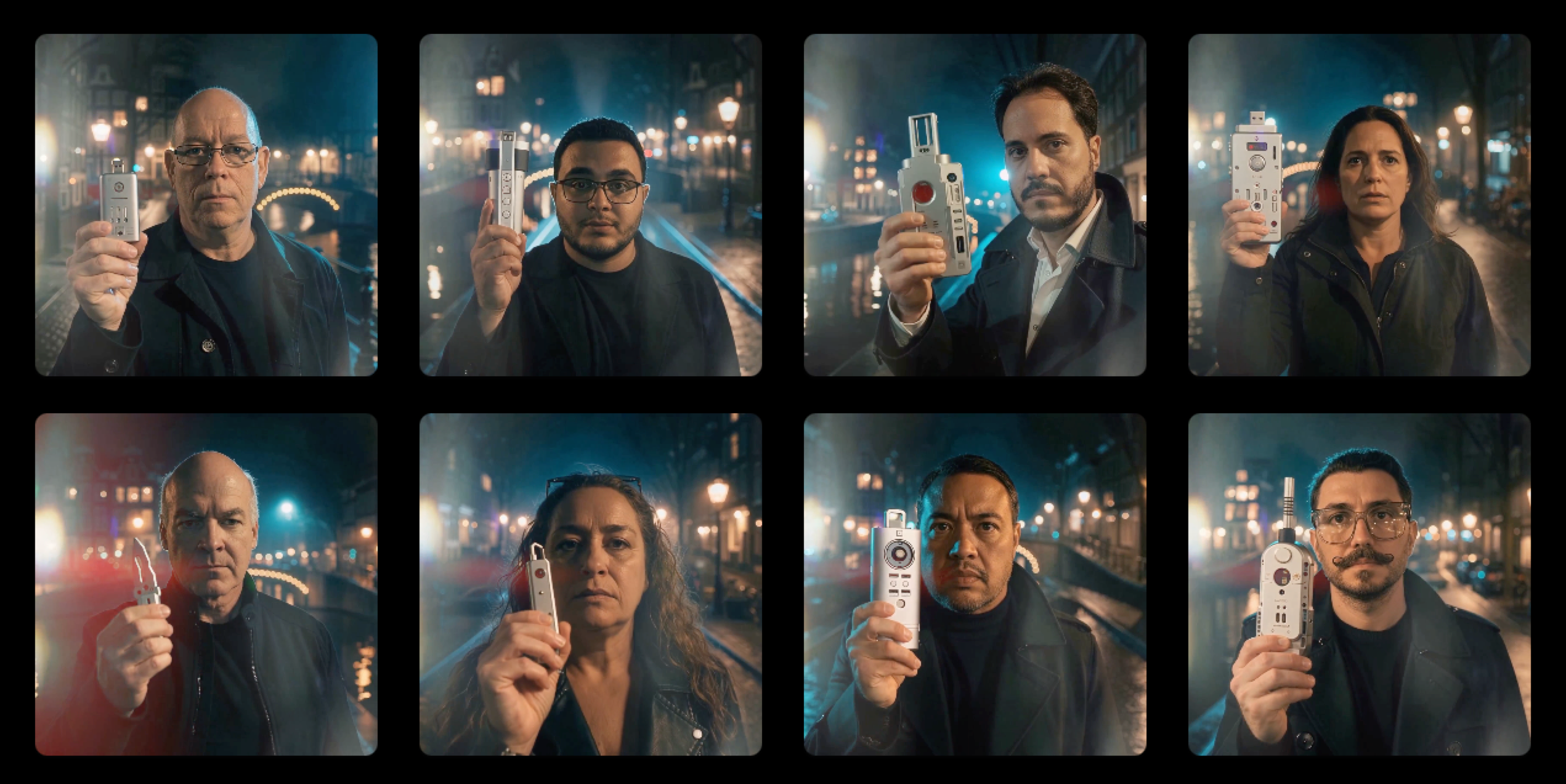 Grid of eight AI-generated spy thriller portraits created live by Show and Tell workshop attendees using the Born Impossible template in Pictor