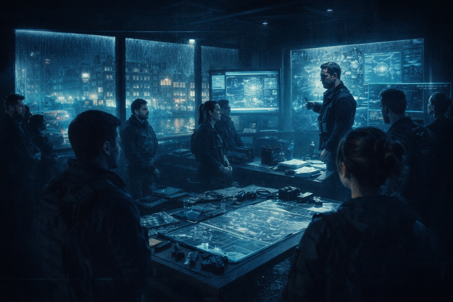 Cinematic spy thriller briefing room scene with teal lighting and rain-soaked Amsterdam windows, created as an AI photo booth activation concept