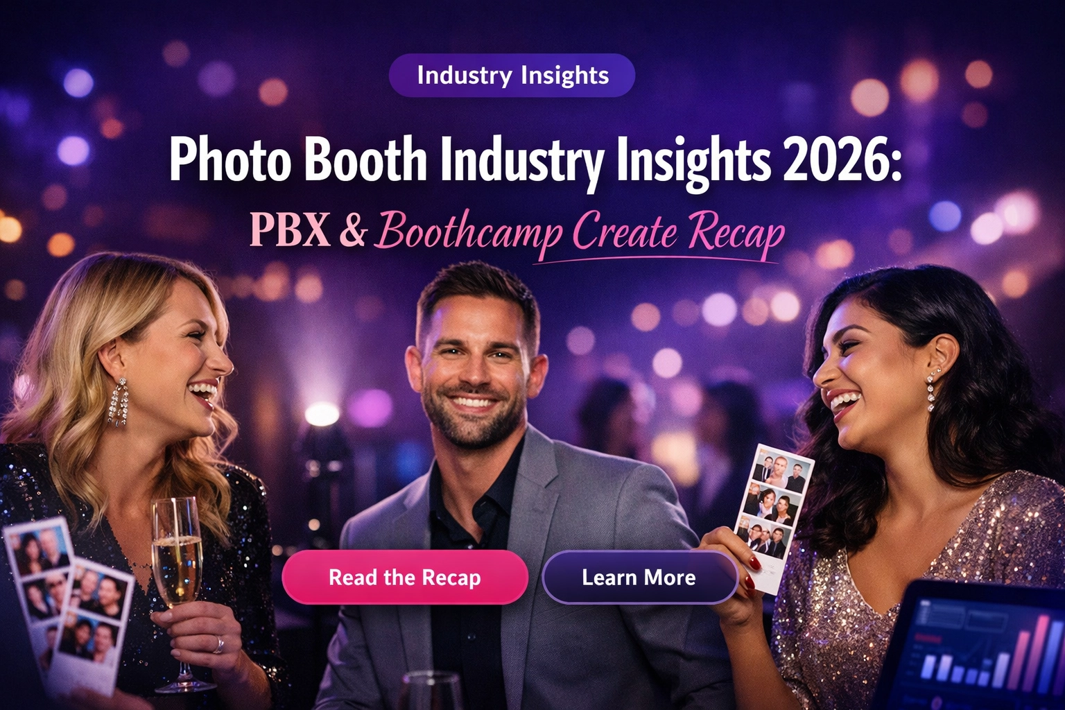 Photo booth operators sharing photo strips and laughing at PBX 2026 event with bokeh lighting