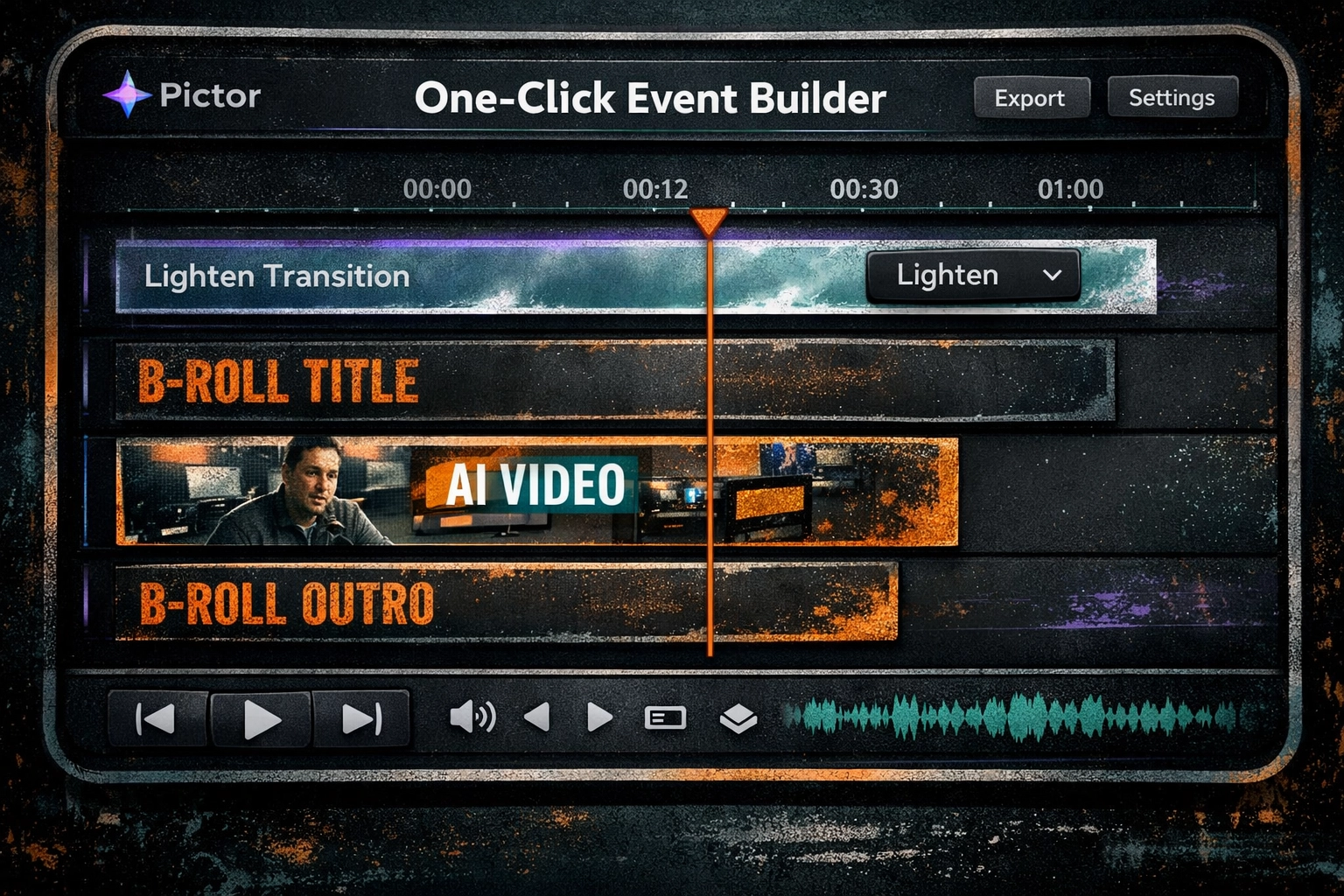 Digital video timeline in Pictor template editor showing starring slide, AI-transformed guest footage, and outro clips assembled into a 15-second trailer