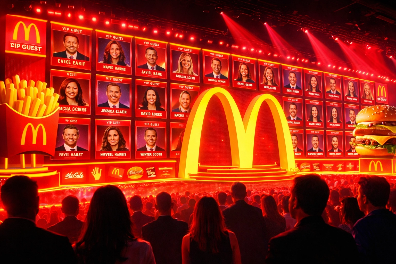 Large LED wall displaying branded AI photo booth templates and guest portraits during a live corporate event slideshow