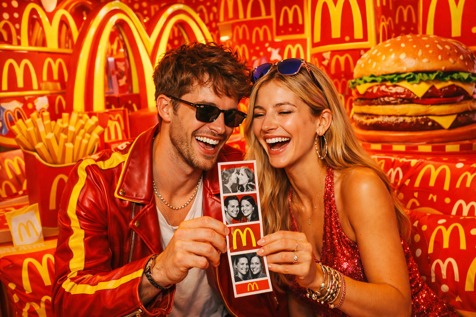 Guests holding a printed photo strip from an AI photo booth software experience at a McDonald's brand activation