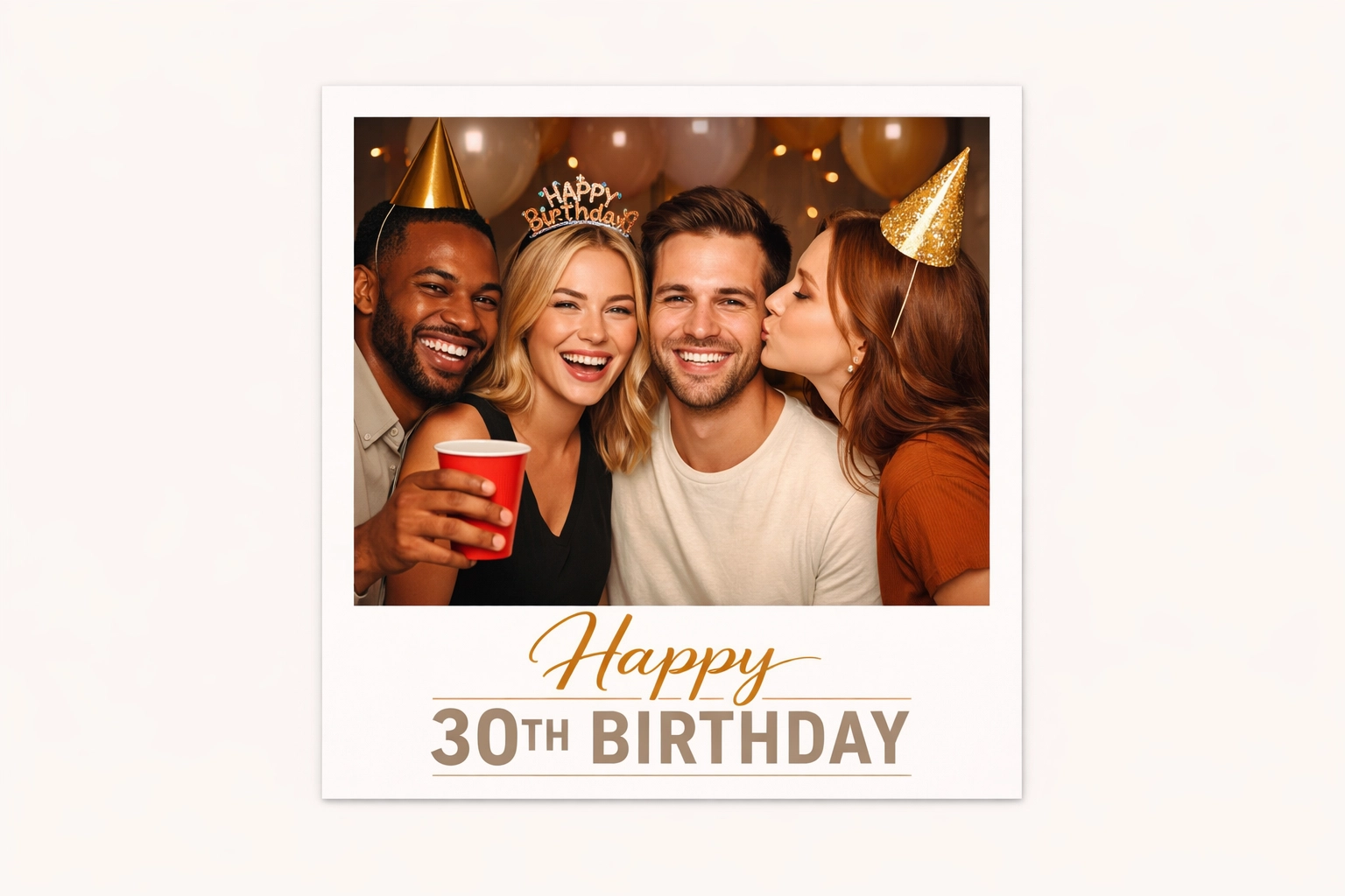 Birthday party photo booth output with a single square text overlay built in Pictor Simple Mode — an example of the fast single-overlay configuration Simple Mode handles in seconds