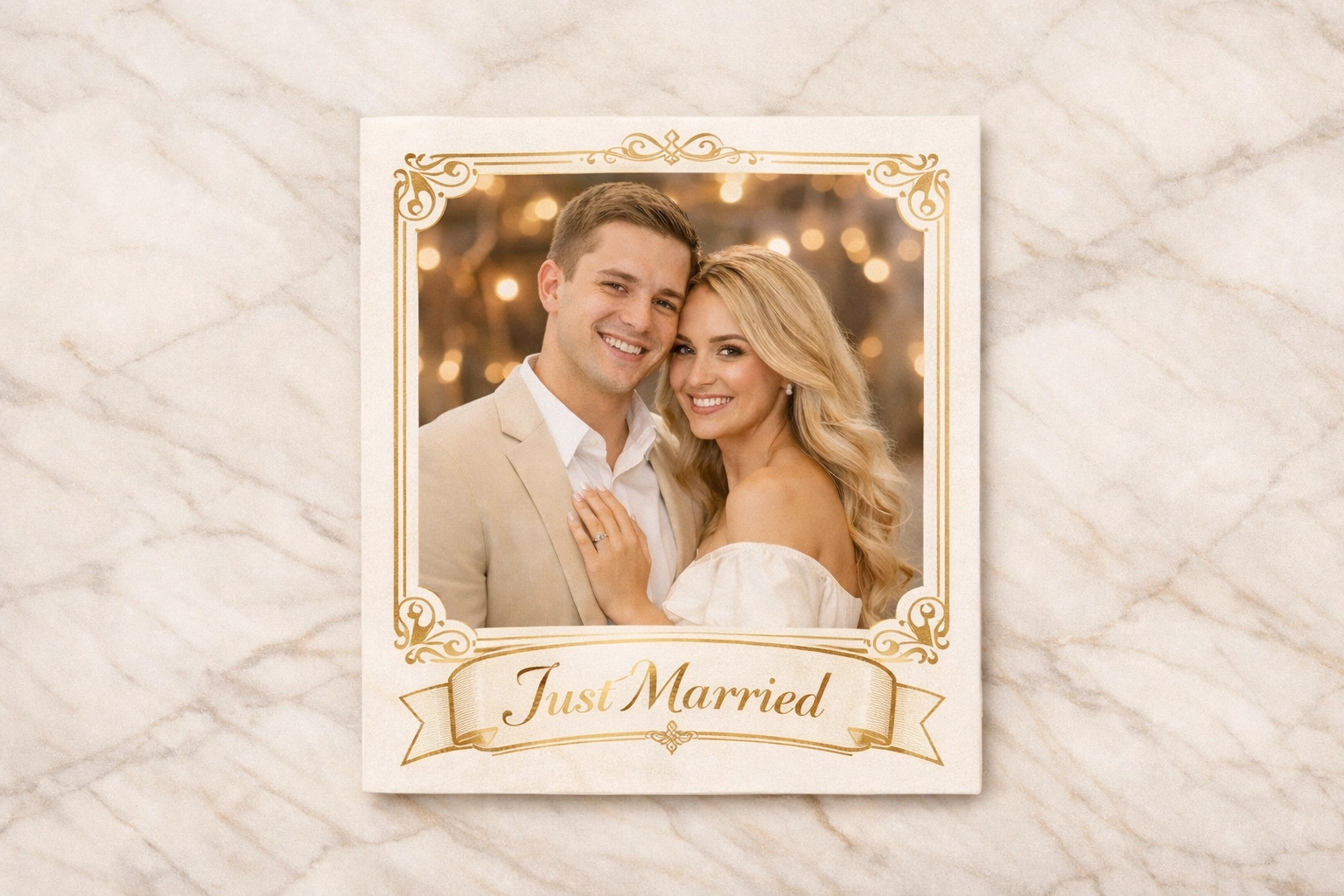 Wedding photo booth output with a gold 'Just Married' frame overlay built in Pictor Simple Mode — an example of the single-overlay event configuration Simple Mode handles in minutes