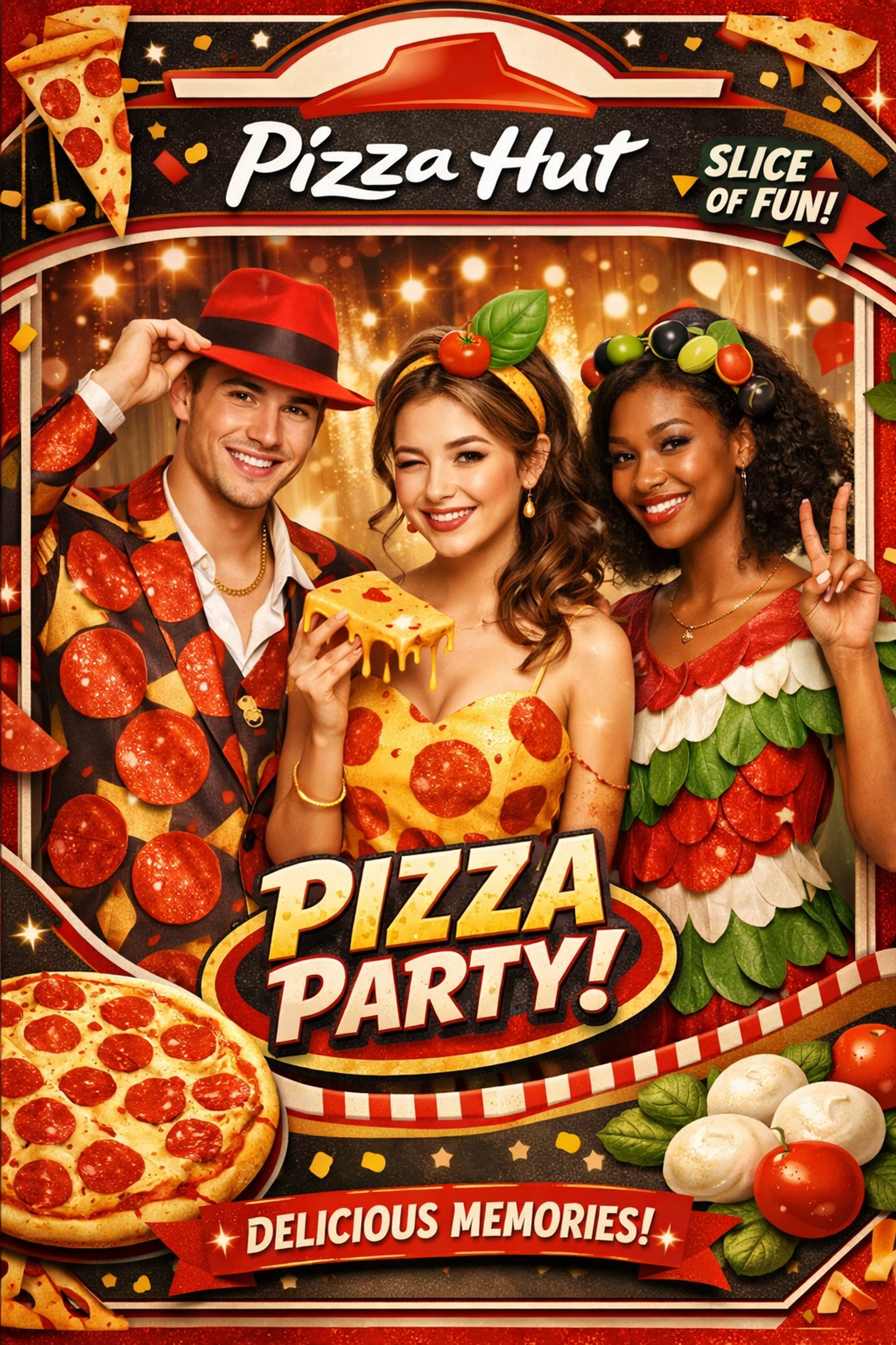 Branded Pizza Hut AI photo booth activation built in Pictor Template Editor — guests transformed with AI into pizza-topping-inspired characters inside a multi-layer 4x6 branded overlay