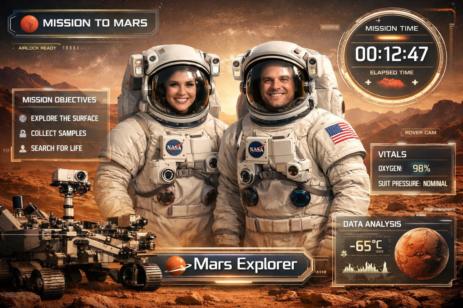 NASA-style Space Explorer AI photo booth activation built in Pictor Template Editor, showing background removal, custom Mars backdrop, and layered foreground graphics — an advanced branded compositing example