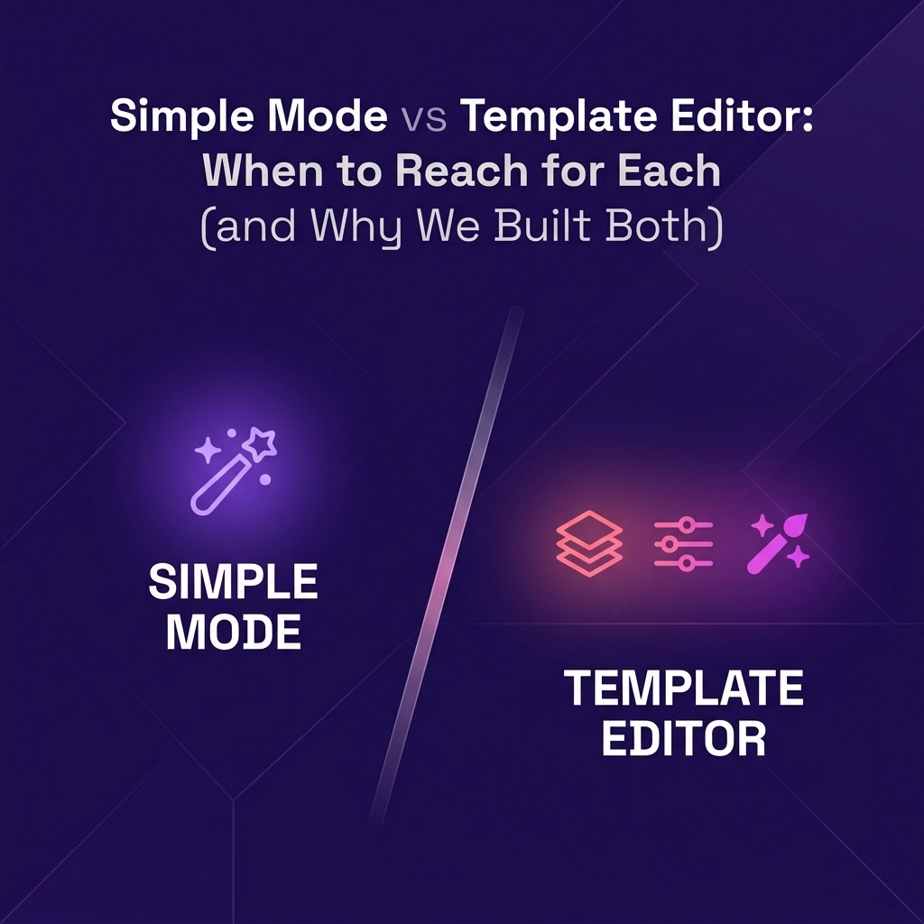 Pictor photo booth software: Simple Mode vs Template Editor side-by-side comparison showing the two ways operators configure branded photo booth event overlays