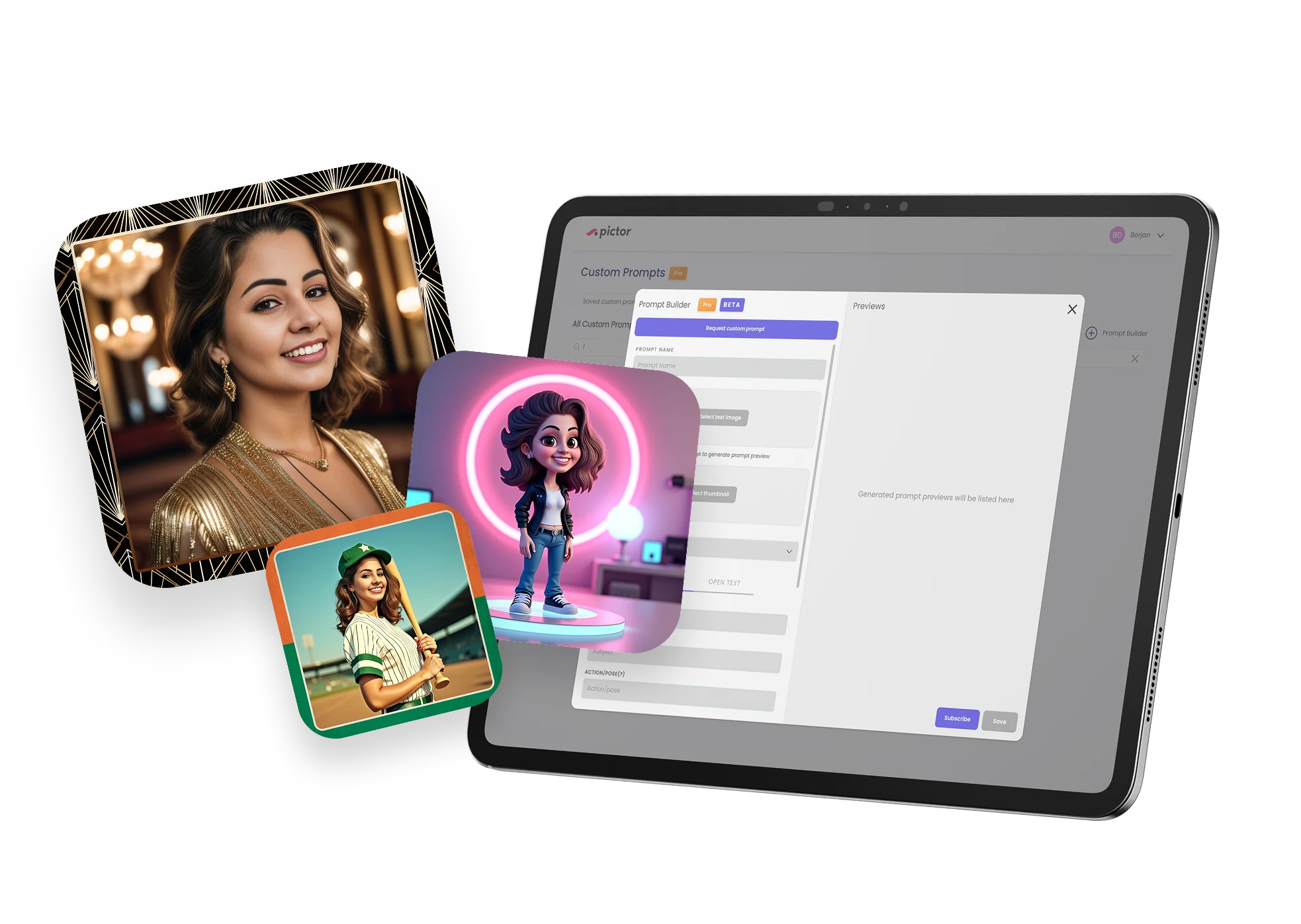 Pictor AI photo booth prompt builder dashboard with custom AI portraits and templates