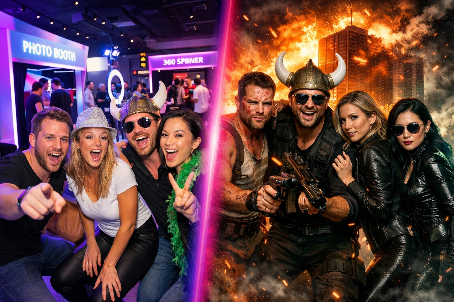Side-by-side comparison of guests at a photo booth event and their AI-generated action movie transformation