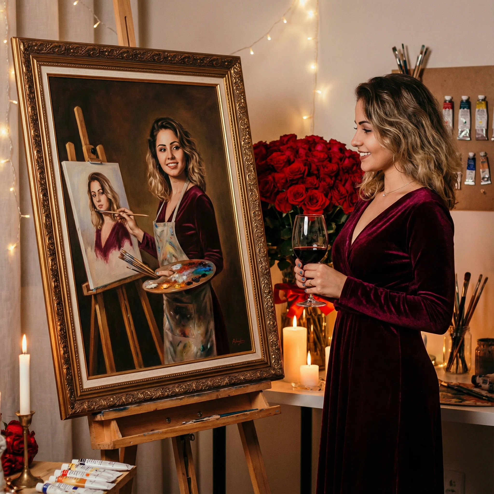 Oil painting portrait with artist studio scene