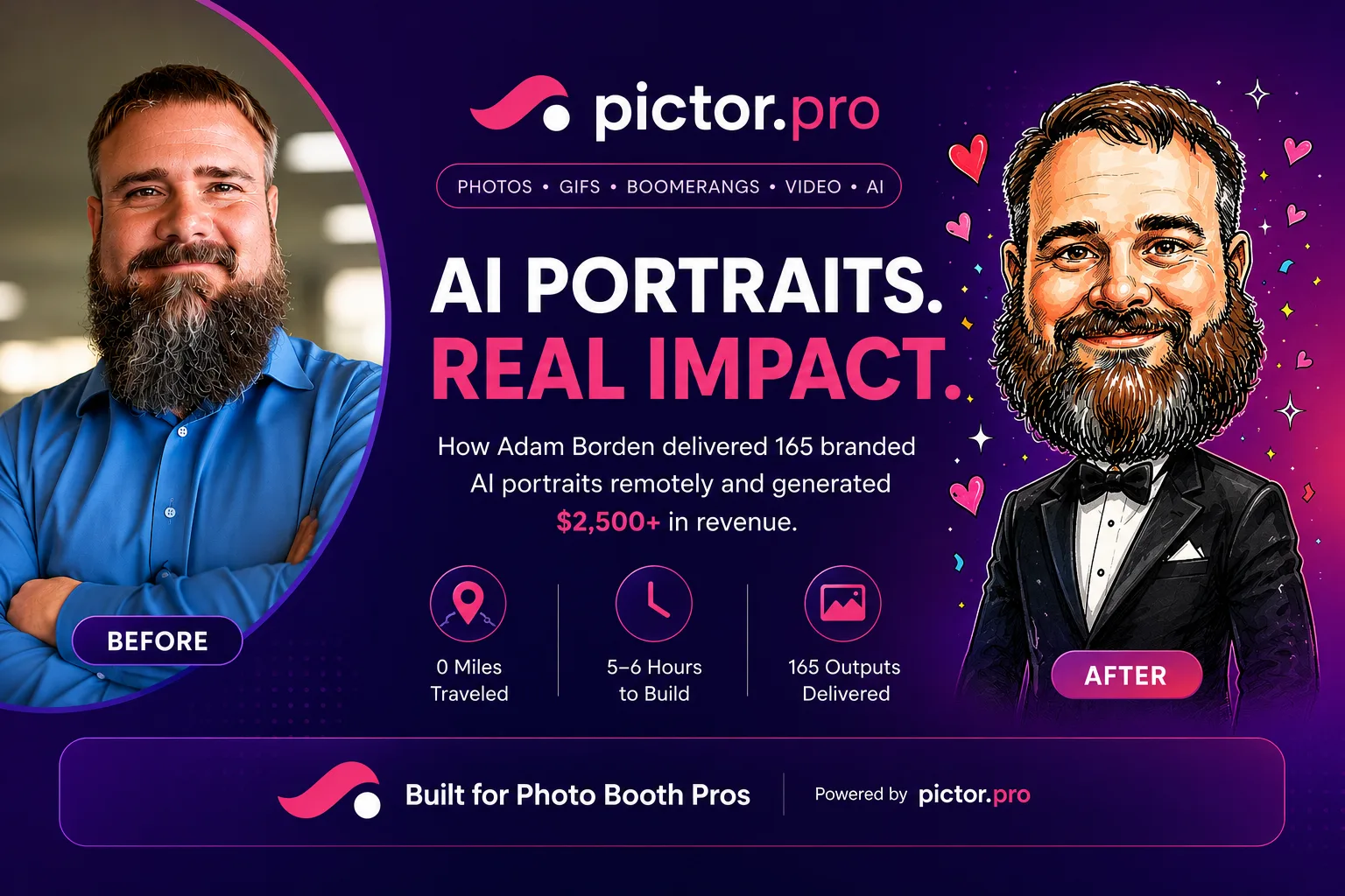 AI caricature portraits generated for a corporate awards dinner with Pictor's virtual photo booth software