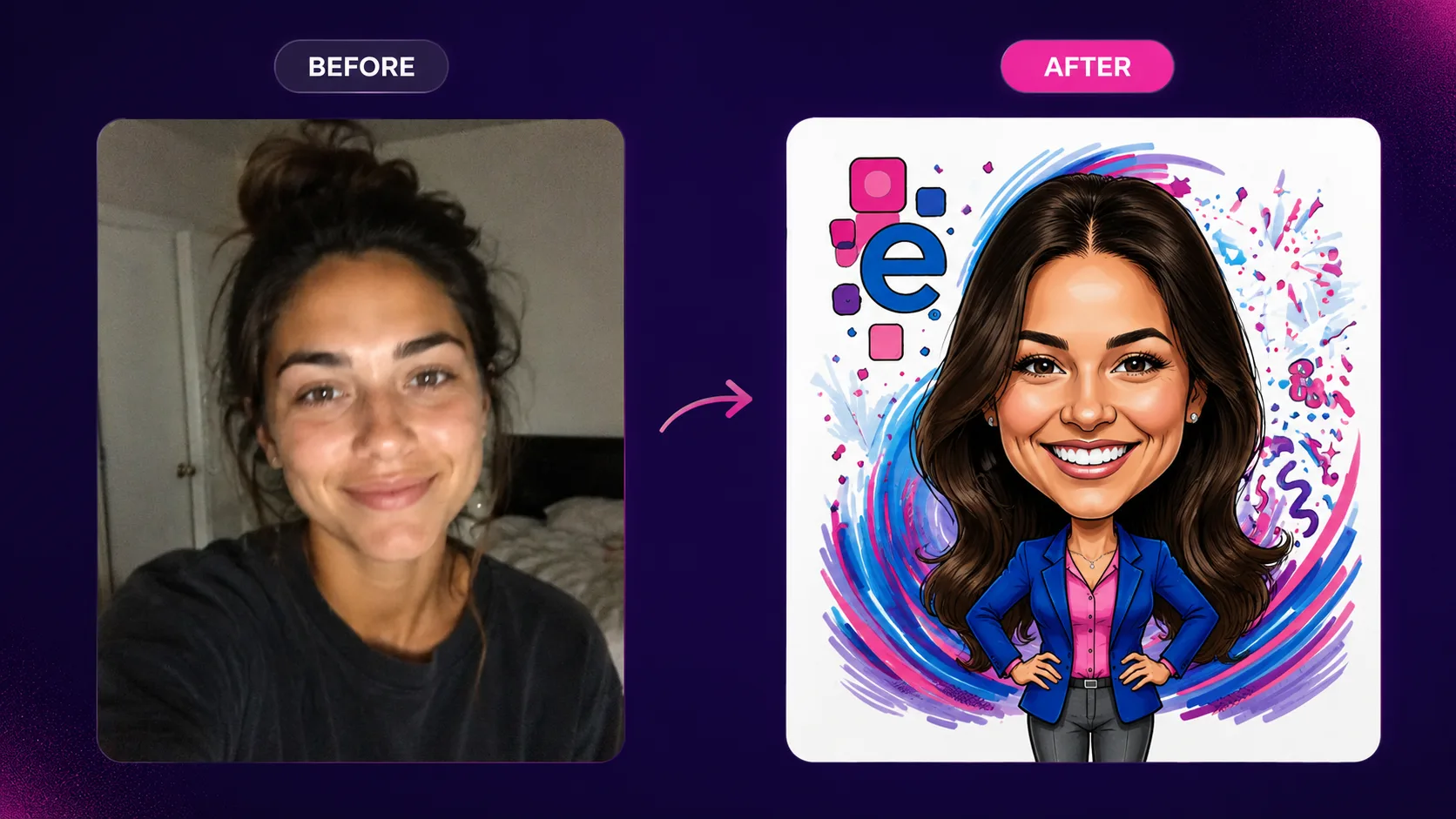 An employee headshot beside the branded AI caricature portrait Pictor generated from it