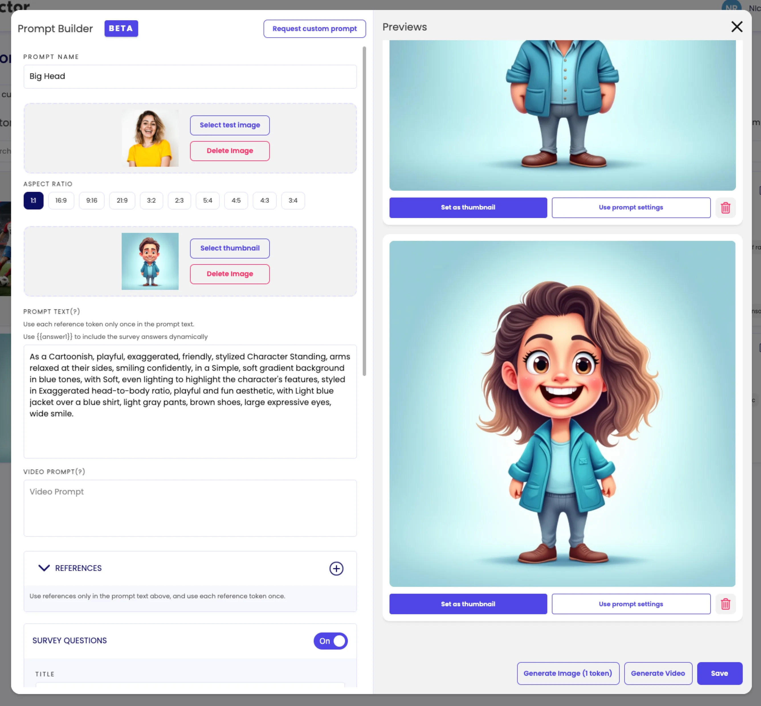 Pictor's custom AI prompt editor showing the caricature prompt Adam built and iterated