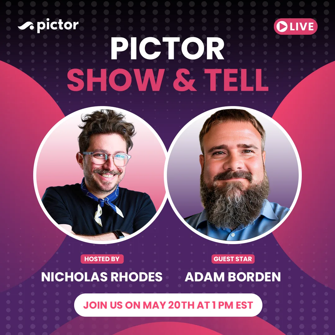 Promotional flyer for the Pictor Show & Tell episode featuring Adam Borden of Premier Pics Maryland