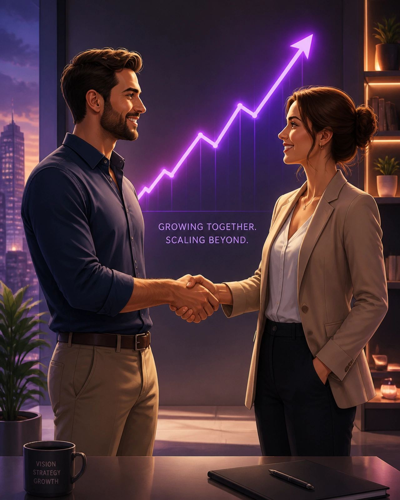 Scaling a photo booth business shown by a professional handshake and an upward growth chart