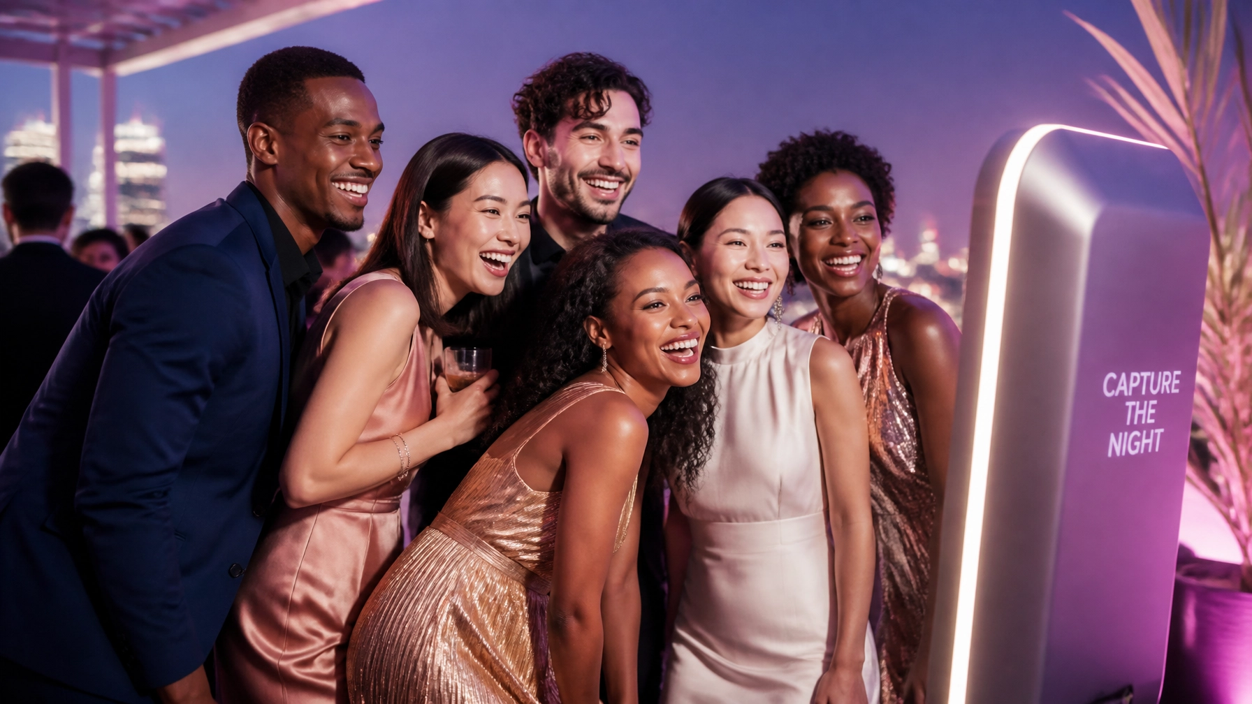 Guests posing at a modern photo booth during a high-end rooftop corporate event in 2026
