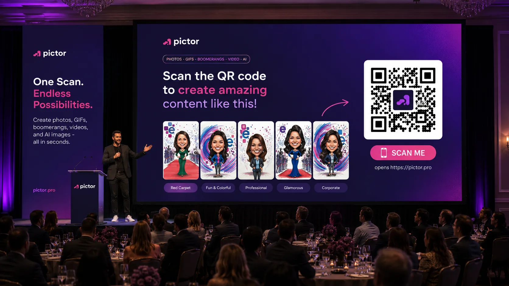 Event signage inviting guests to scan a QR code to join a virtual AI photo booth
