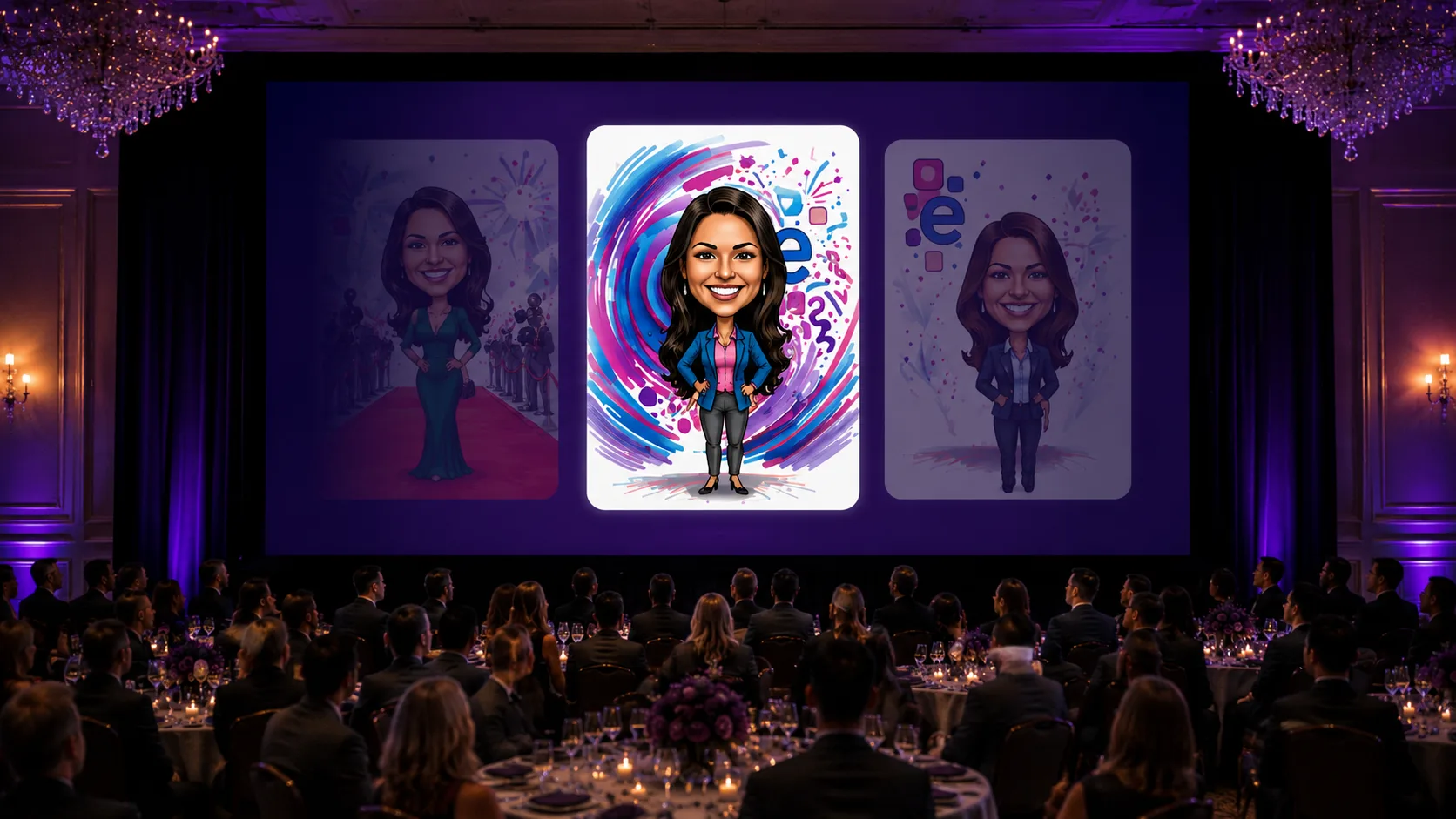 A live slideshow of AI photo booth portraits displayed on a screen at a banquet