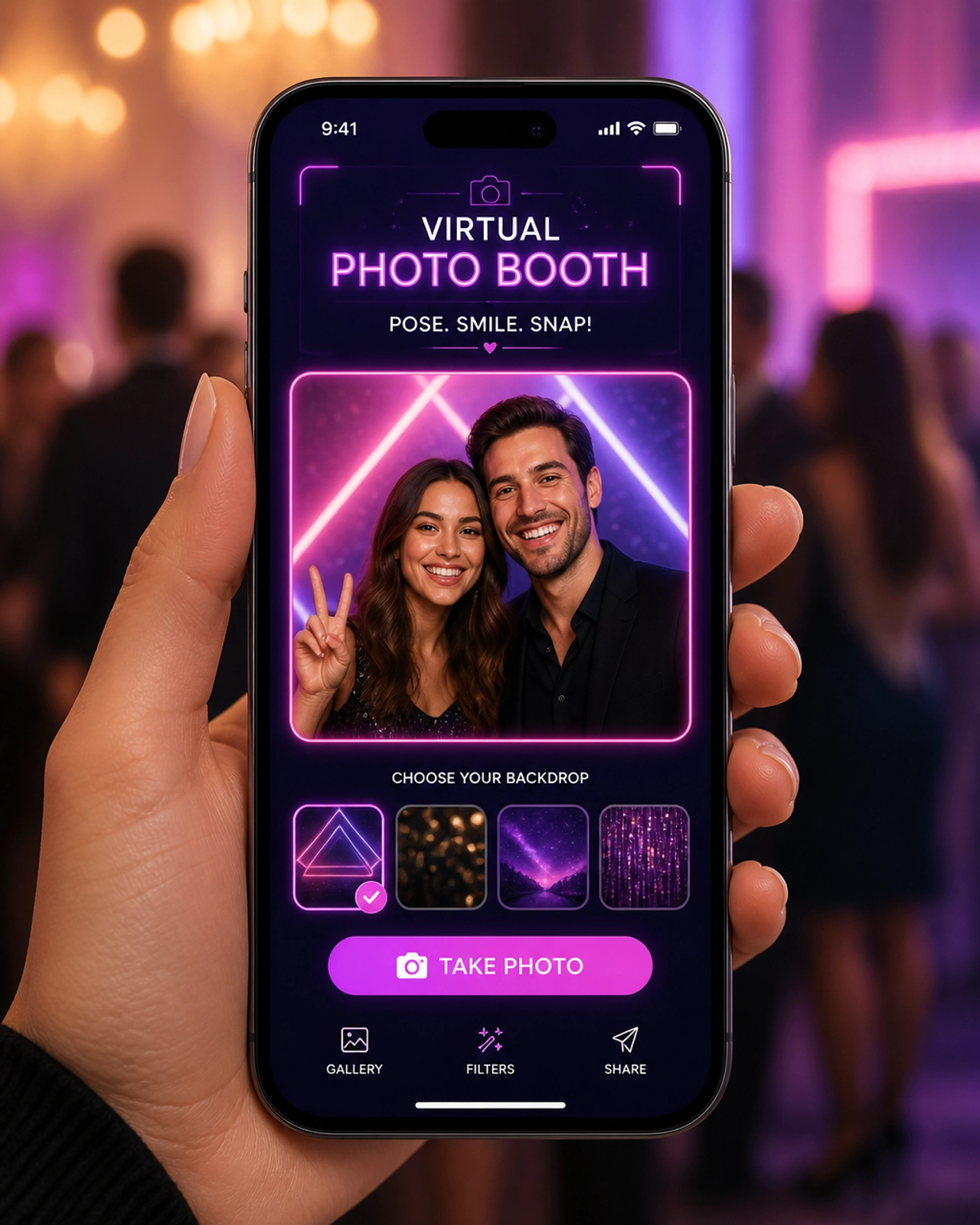 Virtual photo booth software running on a smartphone for remote and hybrid events