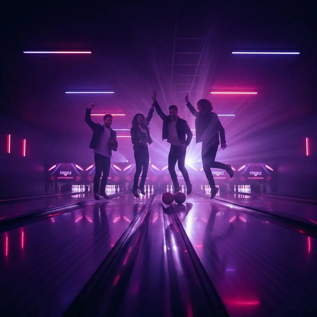 Photo Booth Software for Family Entertainment Centers 3 Friends celebrating on neon-lit bowling lanes