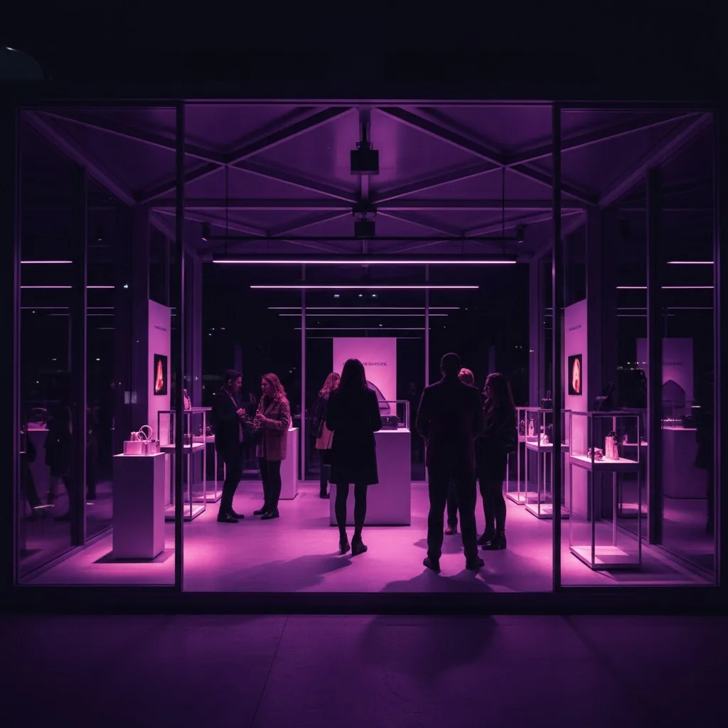 Photo Booth Software for Brand Stores and Pop-Ups 2 Shoppers browsing a violet-lit brand pop-up space at night