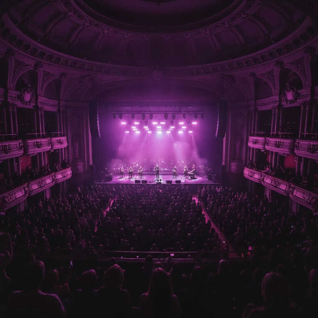 Concert hall audience facing a stage washed in violet light