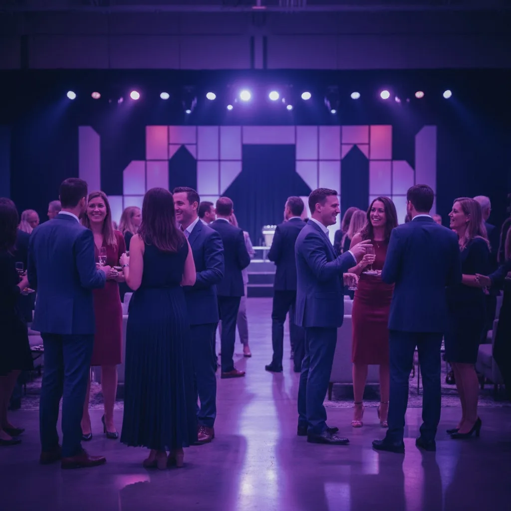 Professionals mingling at a conference reception with stage lighting