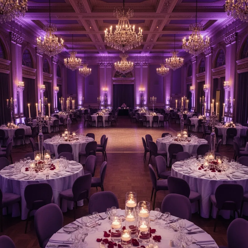 Ballroom set for a gala evening with candlelit tables and violet uplighting