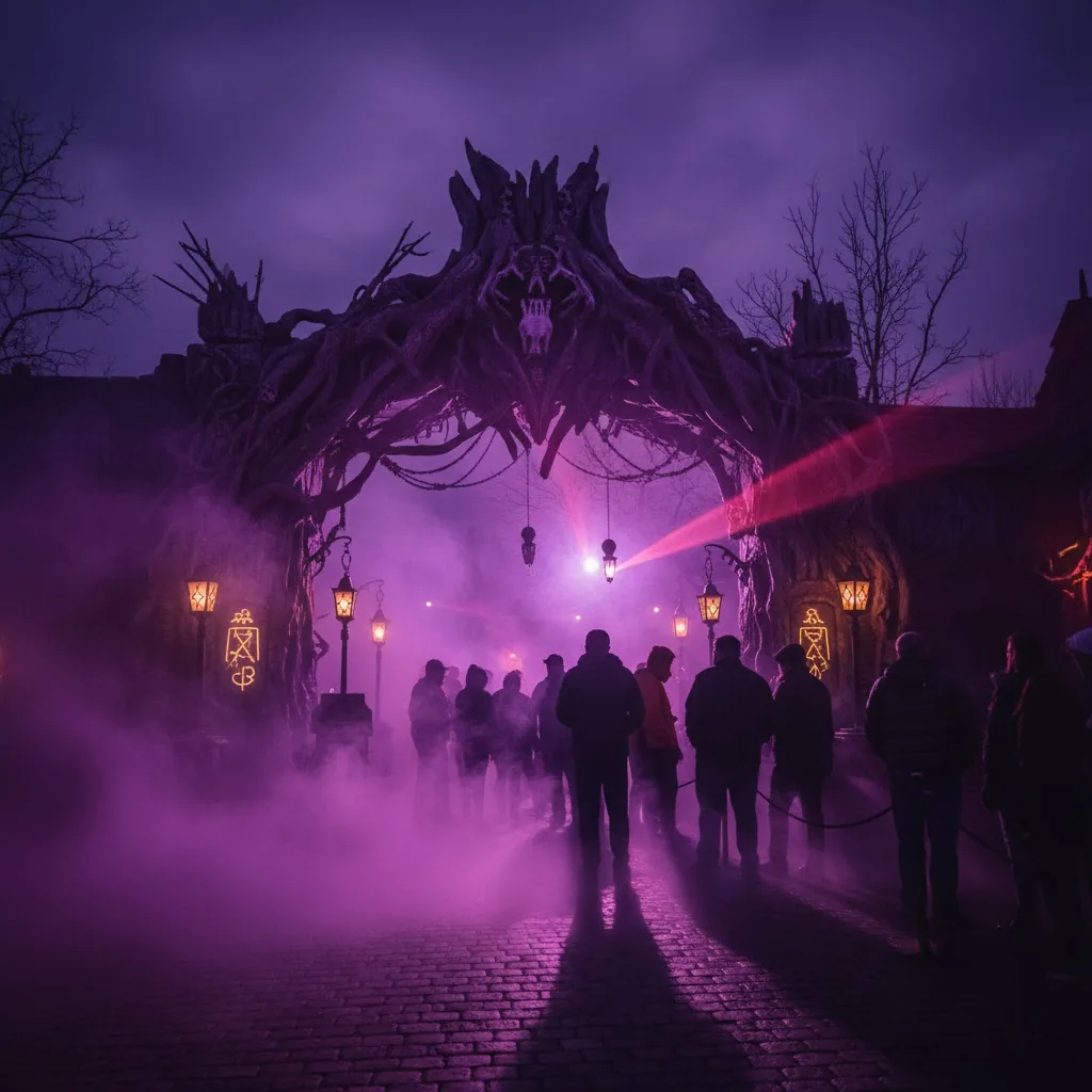 Photo Booth Software for Haunted Attractions 2 Guests queueing at a haunted attraction entrance in purple fog at night