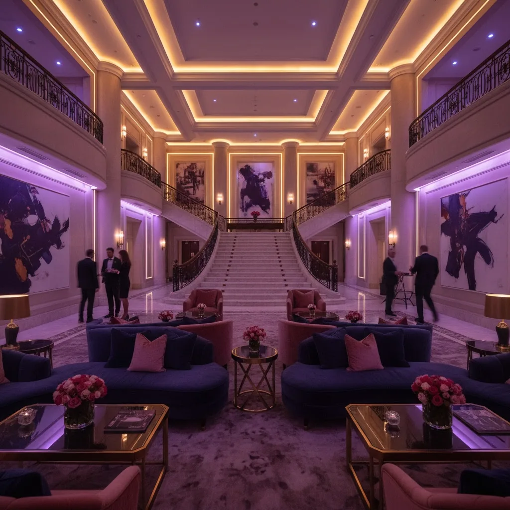 Hotel lobby in the evening with a grand staircase and lounge seating