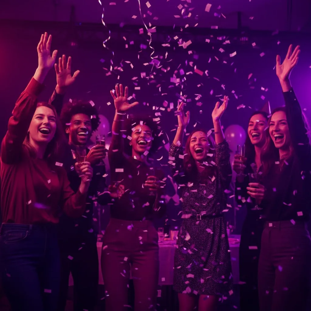 Confetti falling over celebrating friends at a party