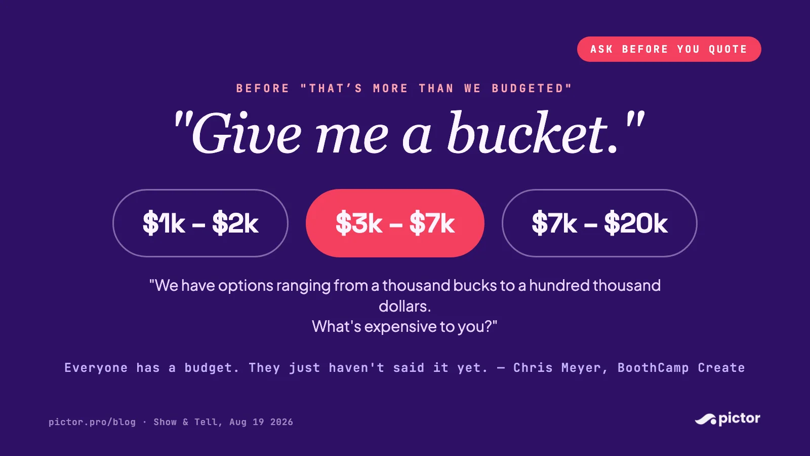 $681 Is Below the Floor: How to Price Your Photo Booth Services (Show & Tell Recap with Chris Meyer) 7 Graphic: "Give me a bucket" with three budget ranges, $1k–$2k, $3k–$7k and $7k–$20k, from Chris Meyer's approach to asking for the budget before quoting