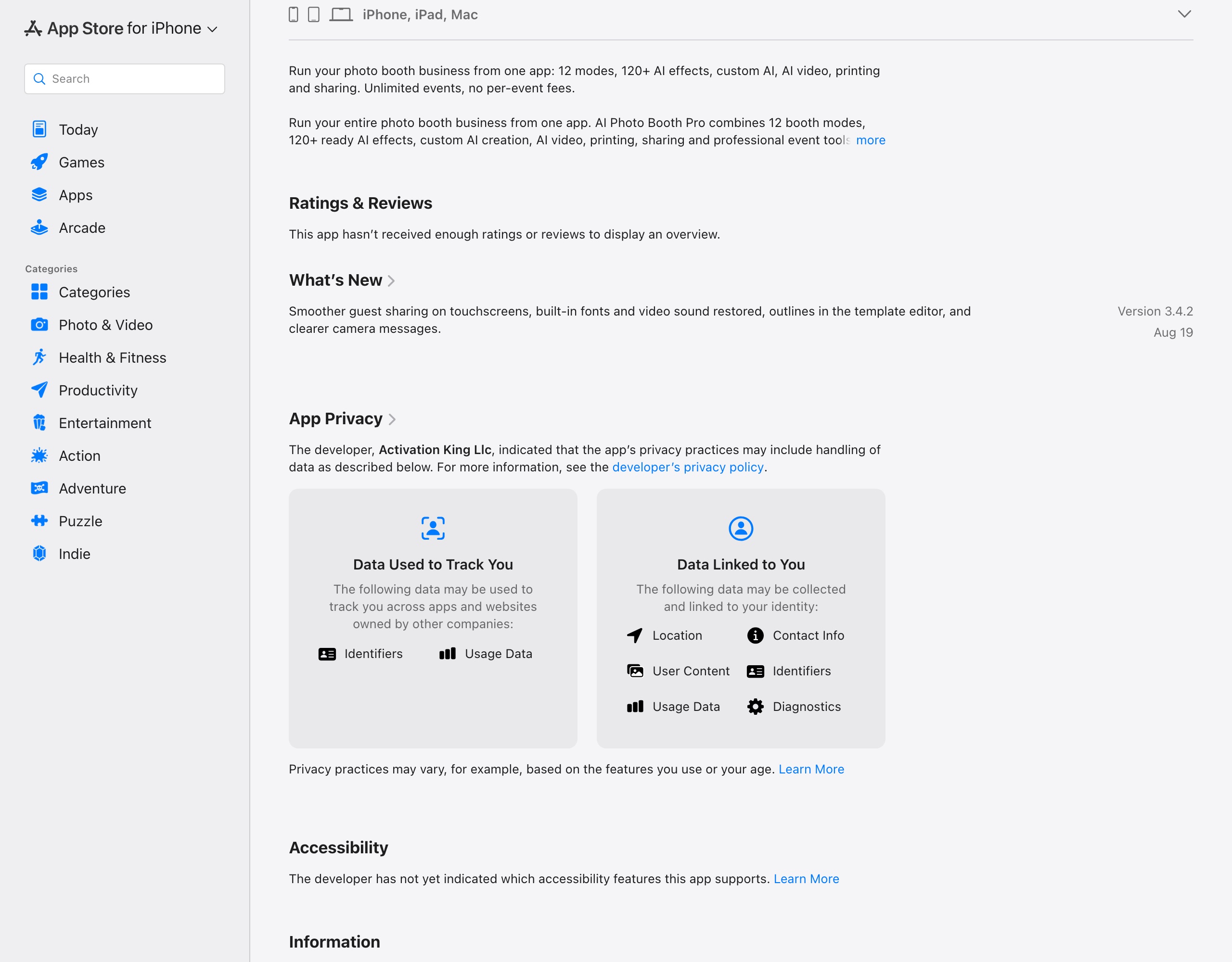 Pictor vs Activation King: An Honest Comparison for Photo Booth Operators 6 US App Store listing for AI Photo Booth Pro on 2026-09-13 stating the app has not received enough ratings or reviews to display an overview