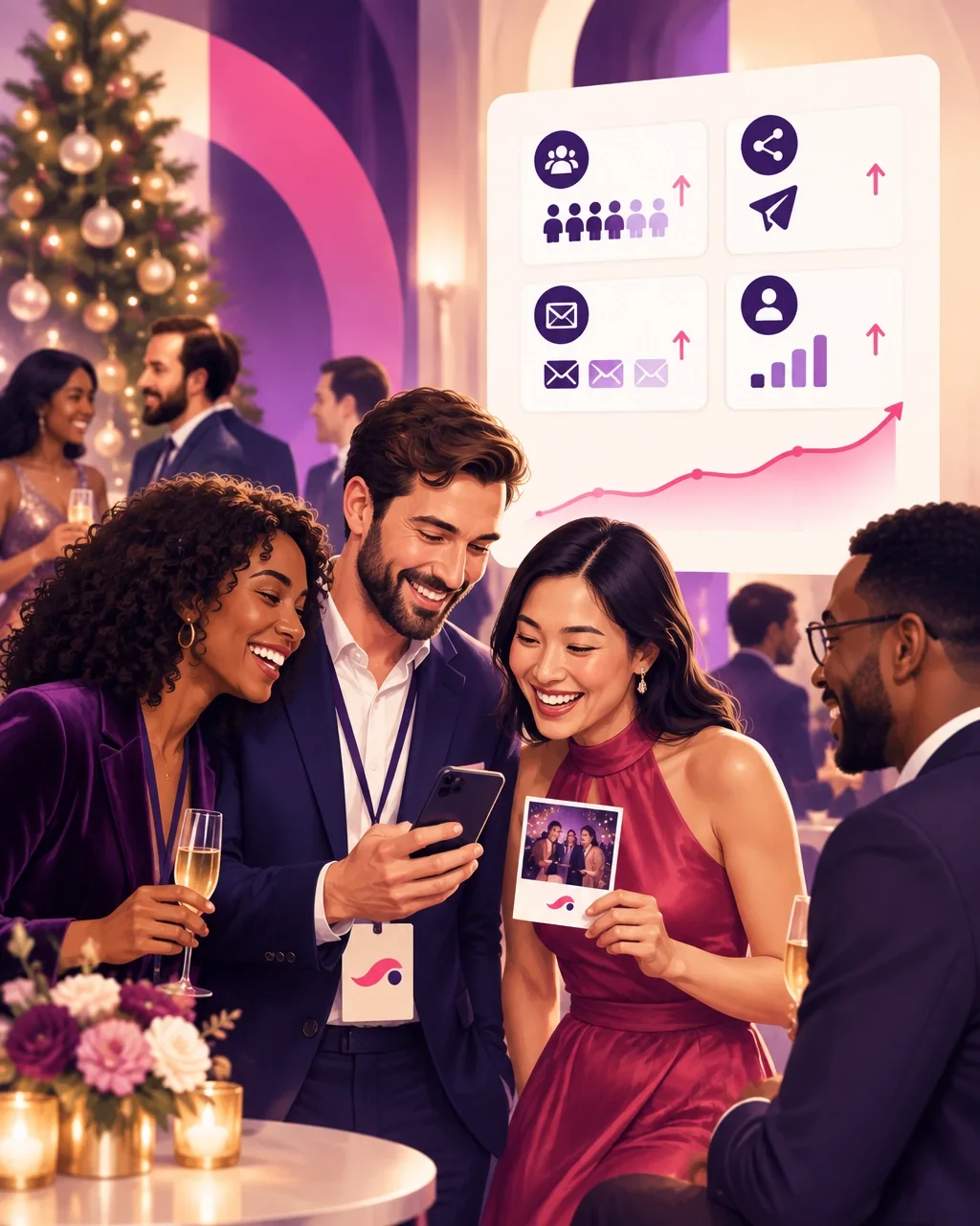 How to Win Q4 Corporate Holiday Bookings (Before Your Competitors Even Pitch) 3 Corporate guests trying AI photo and video transformations at a premium holiday photo booth activation