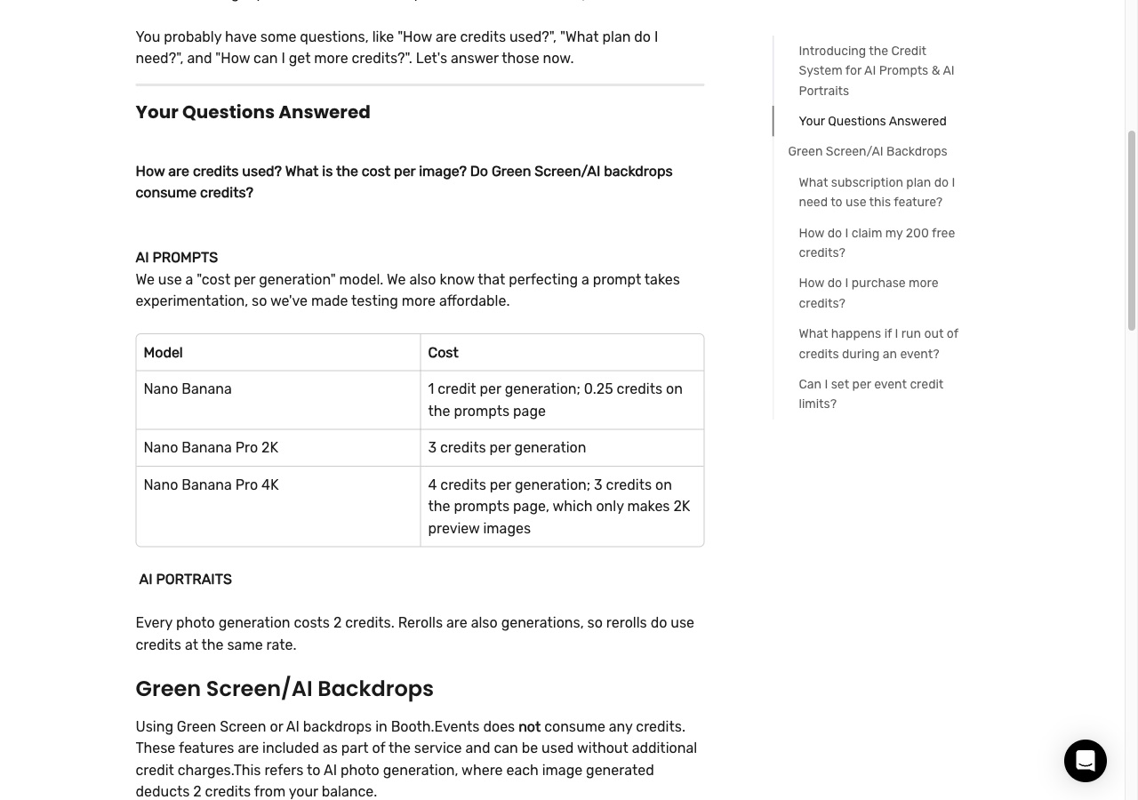 Pictor vs Booth.events: An Honest Comparison for Photo Booth Operators 4 Booth.events help center on 2026-09-13: Nano Banana 1 credit, Pro 2K 3 credits, Pro 4K 4 credits, AI Portraits 2 credits per generation