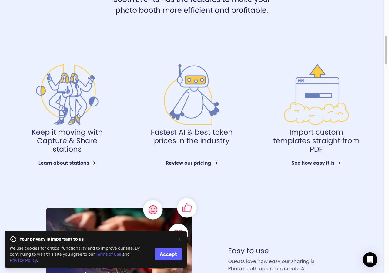 Pictor vs Booth.events: An Honest Comparison for Photo Booth Operators 3 Booth.events homepage on 2026-09-13 claiming Fastest AI and best token prices in the industry
