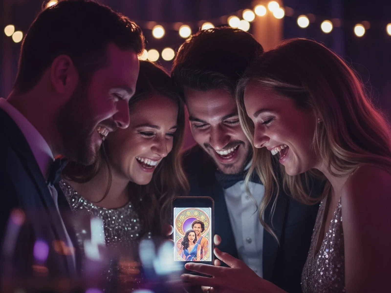 65 AI Photo Booth Prompts That Nail Every Look (With the Formula Behind Them) 2 Four friends at an evening event laughing at an AI photo booth portrait of themselves on a phone