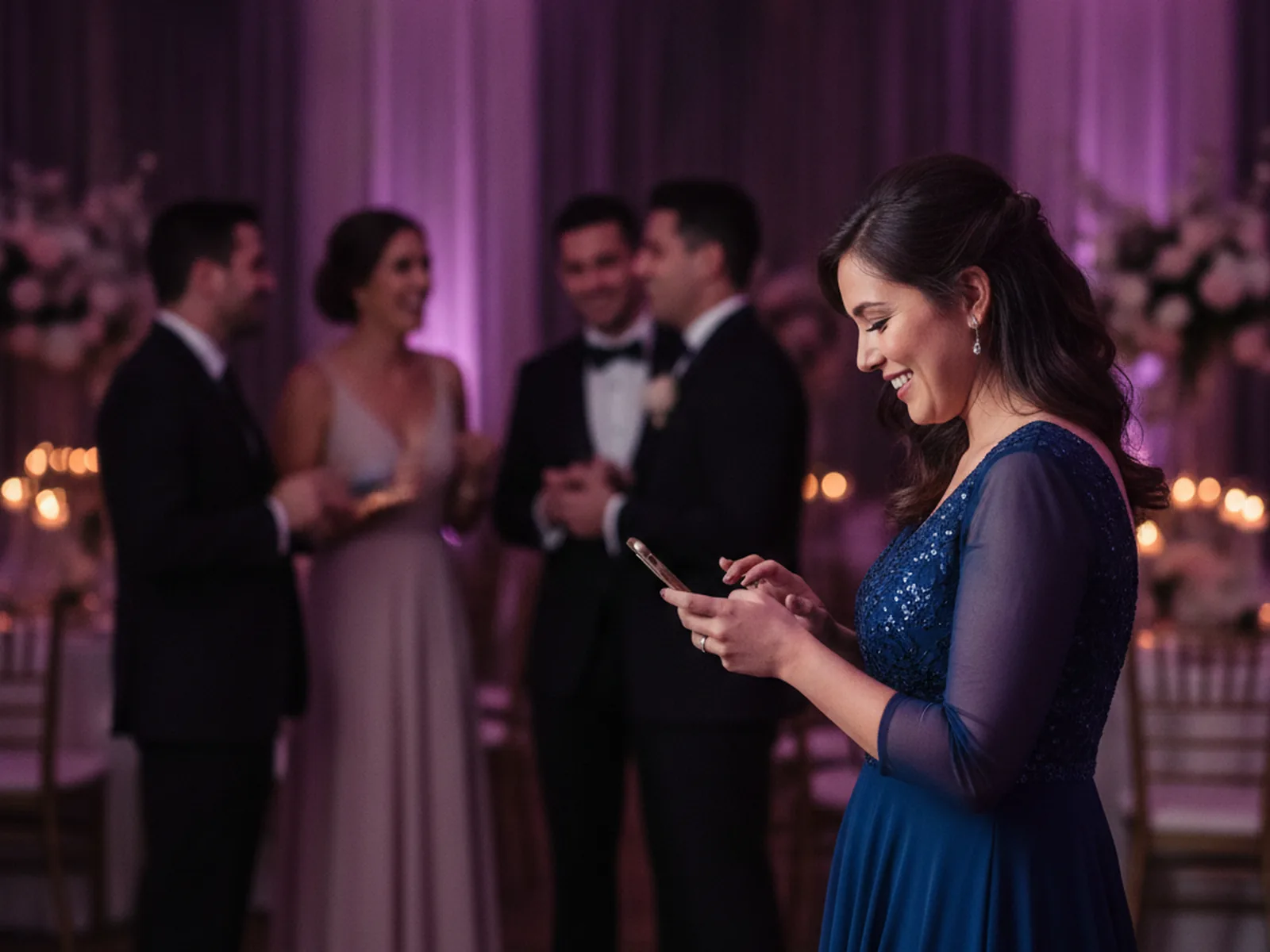 AI Photo Booth: The Complete Guide for Professional Operators 11 Wedding guest entering her phone number to receive an AI photo while other guests chat behind her