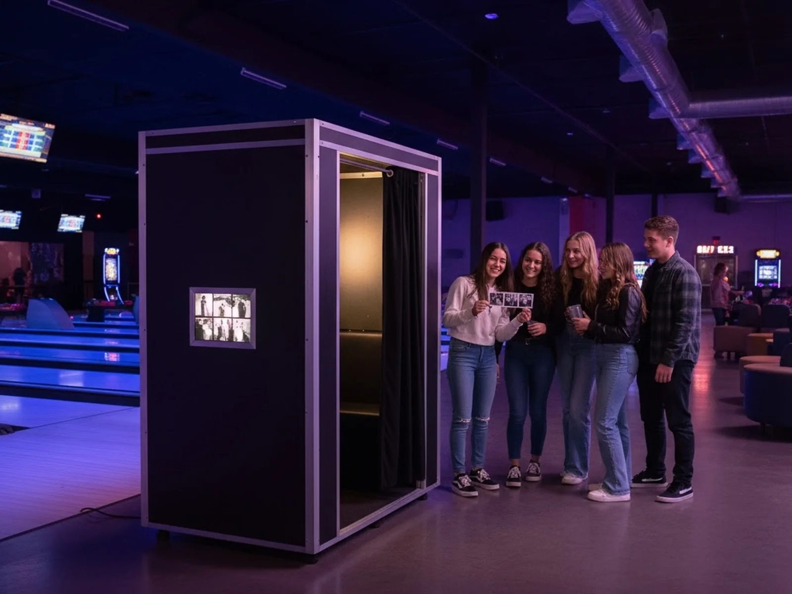 Enclosed photo booth installed beside the bowling lanes in a family entertainment center with a group of teenagers waiting to use it