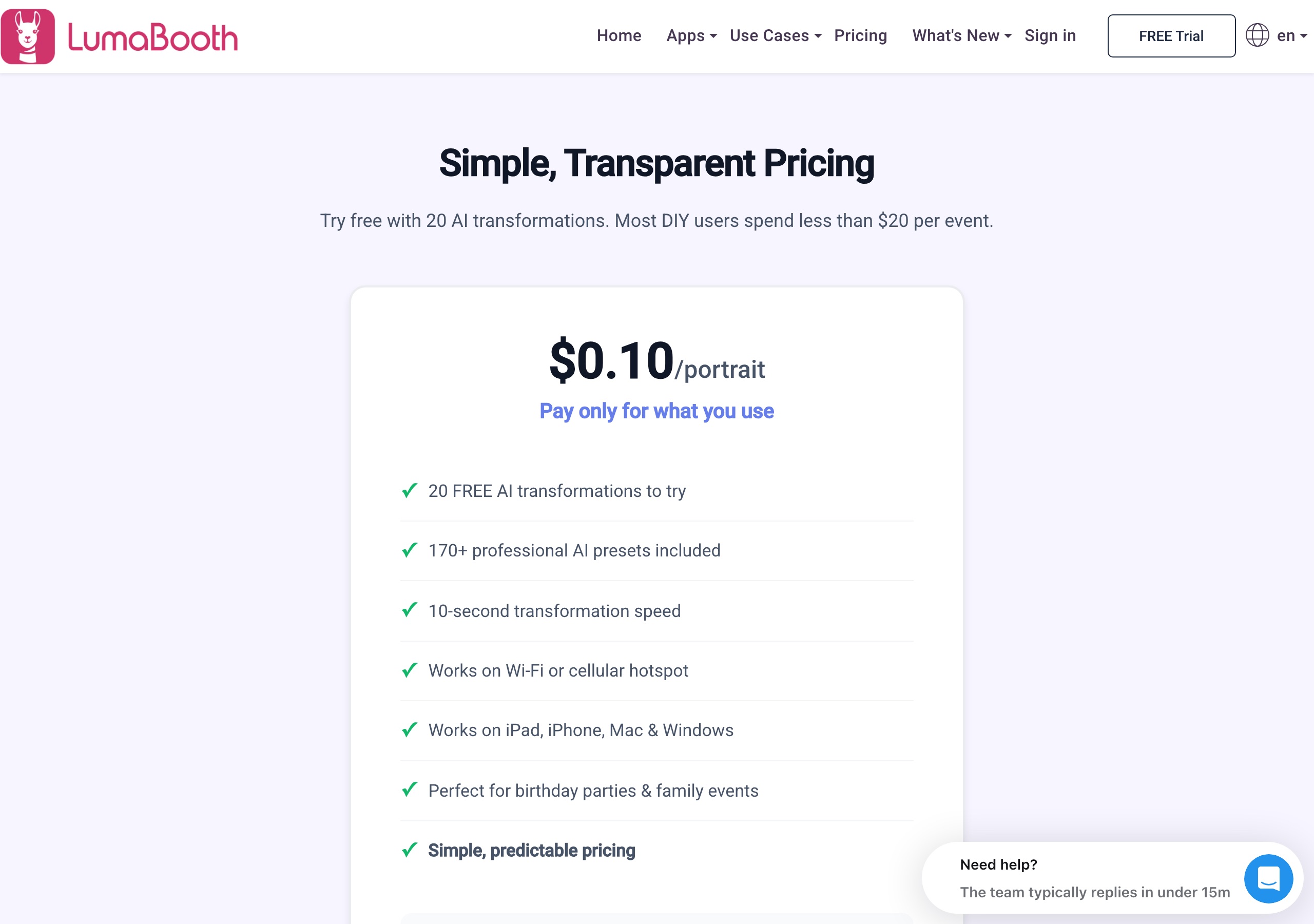 Pictor vs LumaBooth: An Honest Comparison for Photo Booth Operators 6 LumaBooth AI Portraits page on 2026-09-16: usage-based pricing at $0.10 per portrait with 20 free AI transformations
