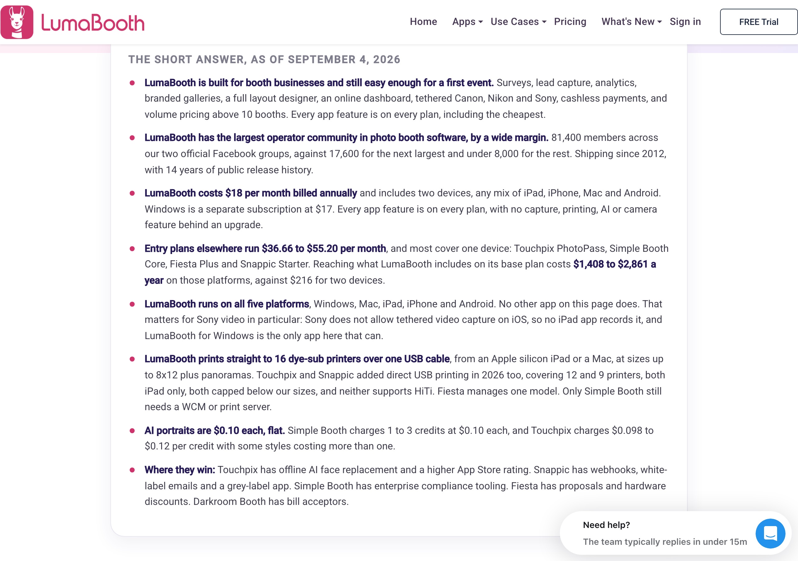Pictor vs LumaBooth: An Honest Comparison for Photo Booth Operators 3 LumaBooth compare page on 2026-09-16: $18 per month billed annually includes two devices in any mix of iPad, iPhone, Mac and Android, Windows is a separate $17 subscription, every app feature on every plan