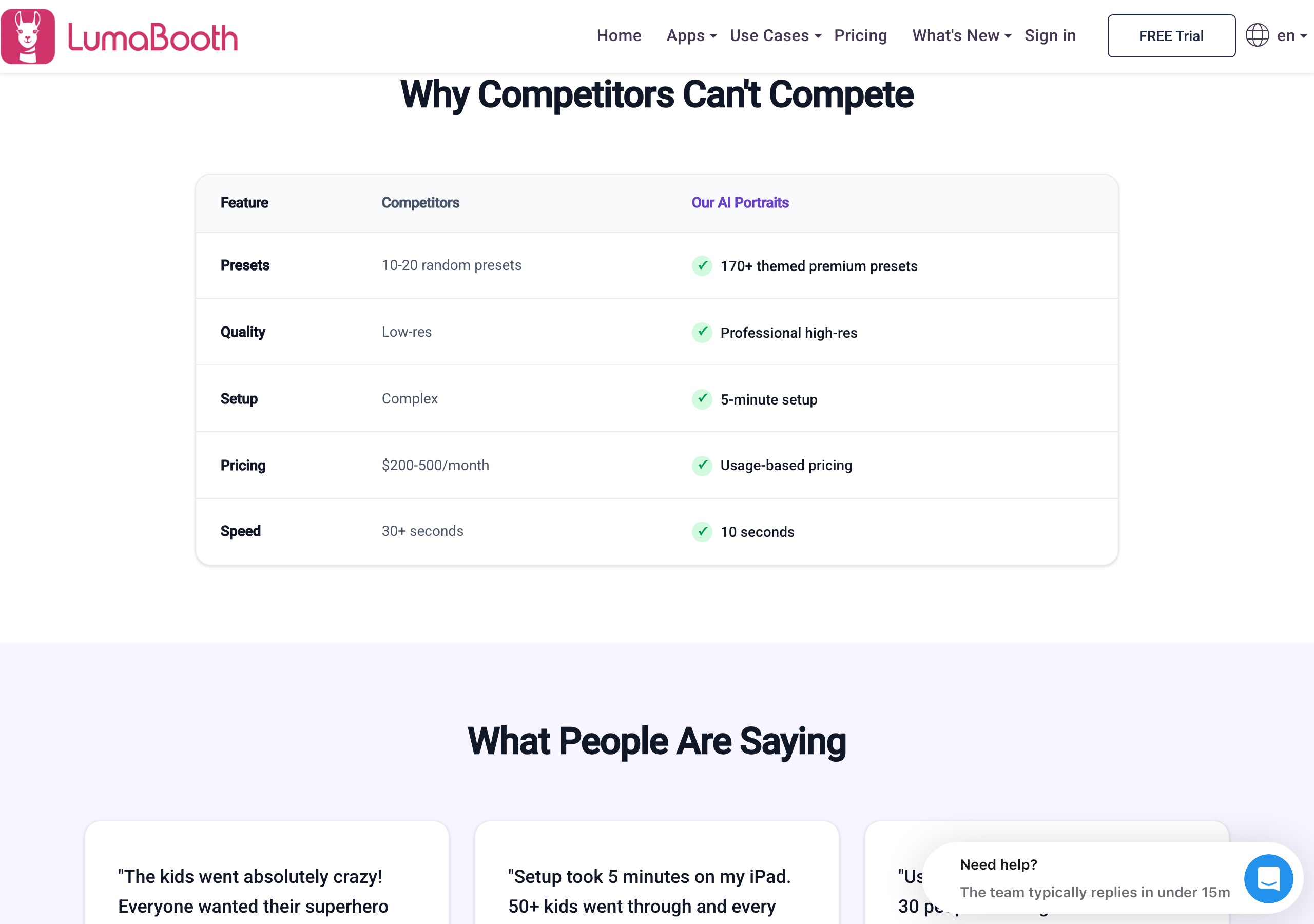 Pictor vs LumaBooth: An Honest Comparison for Photo Booth Operators 7 LumaBooth AI Portraits page on 2026-09-16: Why Competitors Cant Compete table claiming competitors have 10-20 random presets, low-res quality and $200-500 per month pricing