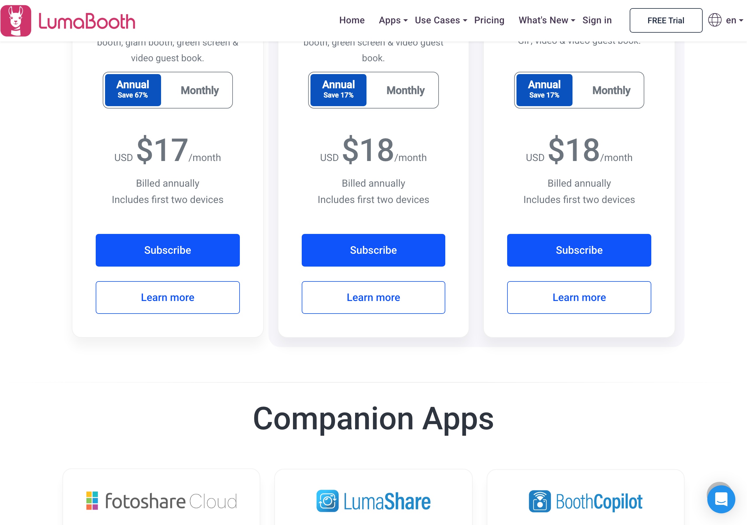Pictor vs LumaBooth: An Honest Comparison for Photo Booth Operators 1 LumaBooth pricing page on 2026-09-16: Windows $17 per month, Apple $18 per month and Android $18 per month billed annually, first two devices included
